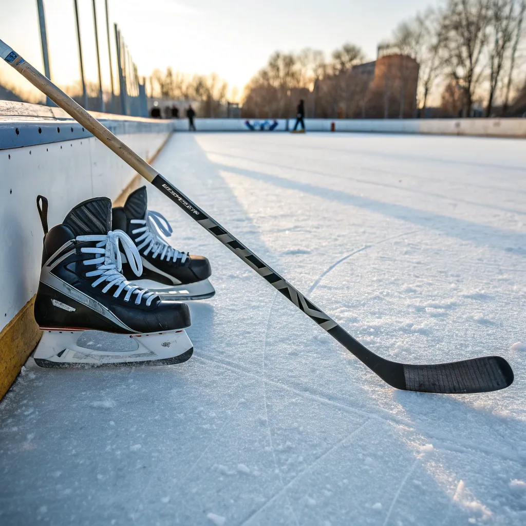 Hockey skates and stick on ice